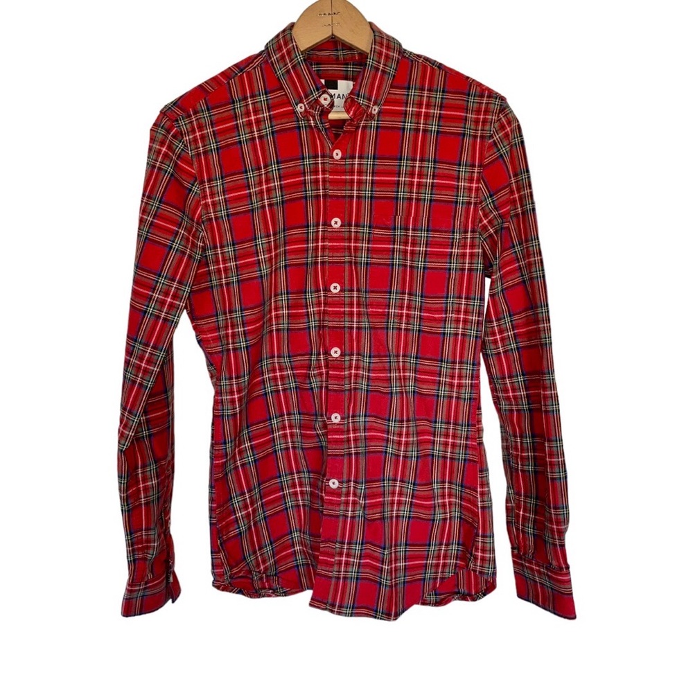 Topman Red Plaid Flannel Button Down Shirt XS Holiday Christmas Fall